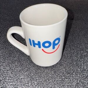 Vintage White Ceramic IHOP Tuxton Coffee Mug with Blue Logo and Smile